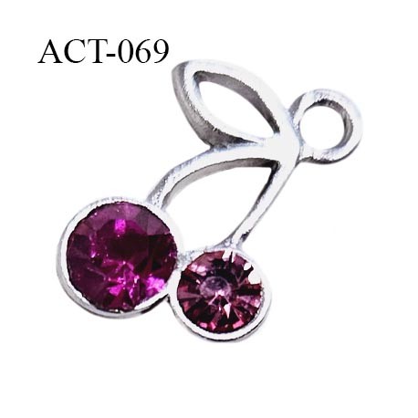 Accessoire décor ornement cerises couleur argent avec strass rose fuschia hauteur 13 mm largeur 9 mm prix à la pièce