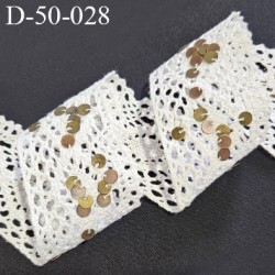 Dentelle 50 mm crochet couleur naturel dentelle ancienne 100% coton avec sequins cuivrés largeur 50 mm prix au mètre