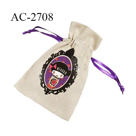 Sachet pochette en tissu pour bijoux cadeaux et autres couleur lin avec dessin poupée japonaise et lien en satin violet
