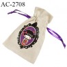 Sachet pochette en tissu pour bijoux cadeaux et autres couleur lin avec dessin poupée japonaise et lien en satin violet