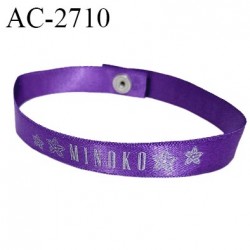 Accessoire bracelet ou autre décor en ruban satin largeur 10 mm couleur violet avec inscription MINOKO attache avec une pression