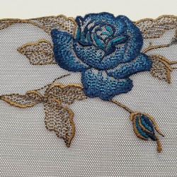 Dentelle broderie 16 cm non extensible haut gamme largeur 16 cm noir très belle fleur bleu et feuilles caramel prix au mètre